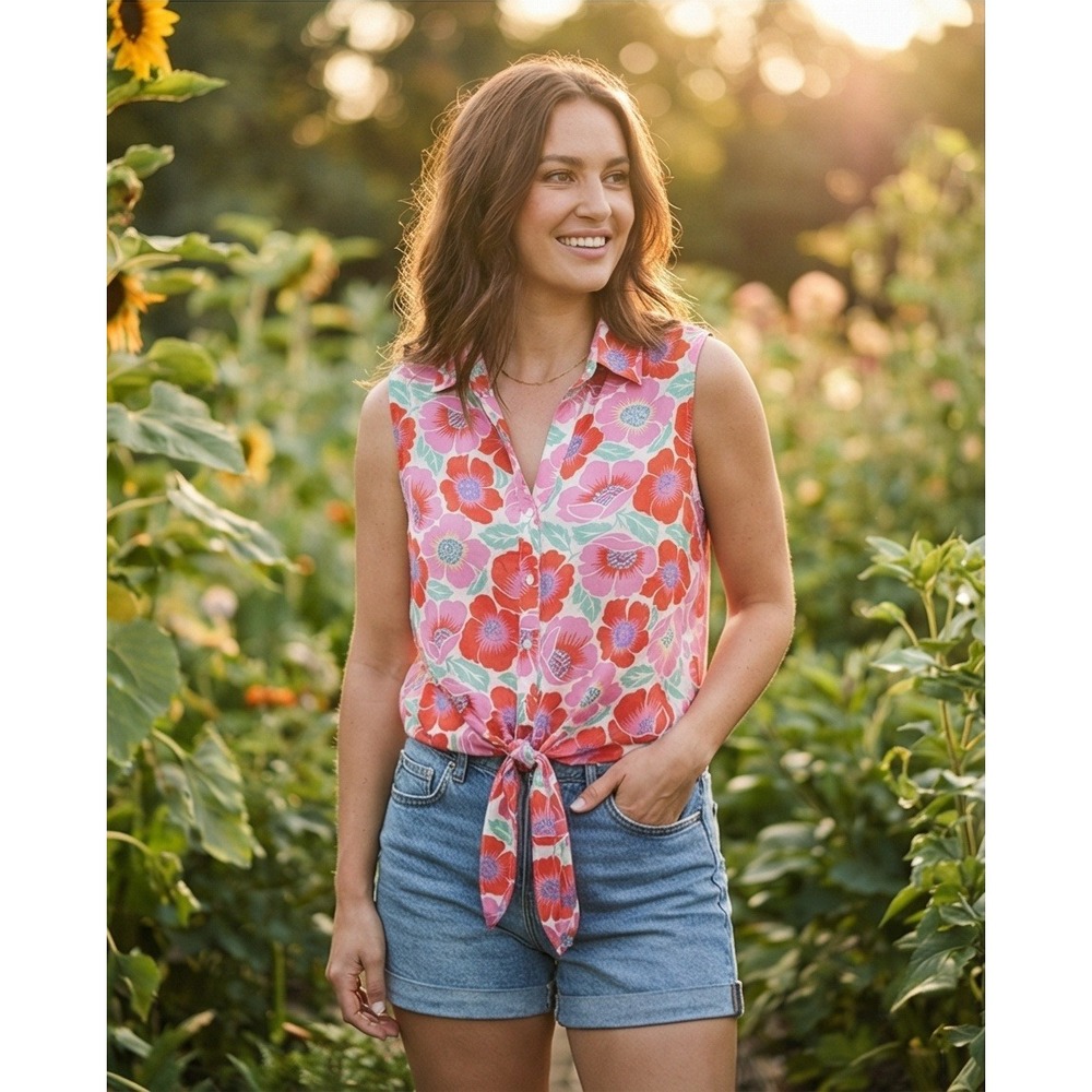 Theory S Floral Sleeveless Tie Front Button Up Blouse Small Pink Red Orange